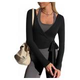 Small Womens Wrap Tie Tops Y2k Long Sleeve Ballet