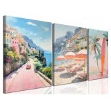Pink Beach Wall Art Set of 3, Preppy Coastal Wall