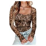 Womens Square Neck Mesh Long Sleeve Bod