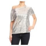 Small Womens Short Sleeve One Shoulder Sparkly Gli