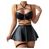 Women Sexy Leather Lingerie Set Choker Chain Mini