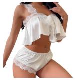 Medium Satin Pajama Set for Women   White Lace Tri
