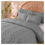 5Pcs Boho Full Duvet Cover Set - Tufted Grey Duvet
