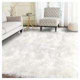 $100 High Pile Faux Fur Area Rug, 5 x 8 ft, White,
