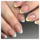 Yellow French Tip Press on Nails Short Almond Fake