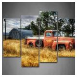 Old Truck Car Wall Art in Red and Trees and Dry Gr