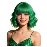 Green Short Curly Wavy Wig Emerald Dark Gre