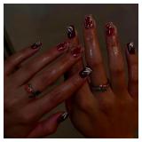 Short Square Press On Nails Red Gold Ombre Design