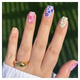 24 Pcs Square Press on Nails Cute Flower Fake Nail