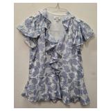 CeCe Blue & White Floral Ruffled Flutter-Sleeve