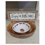 14' Woven Wooden Bowl, Ceramic Bowl, Sign