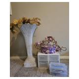 White Wicker Pedestal Plant Stand & Storage Lot