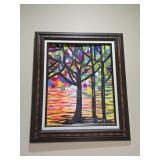 Framed Colorful Abstract Tree Landscape Canvas
