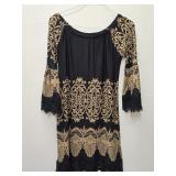 Black & Gold Damask Print Bell Sleeve Dress -