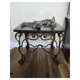 Ornate Wrought Iron & Stone Top End Table