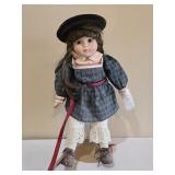 Porcelain Schoolgirl Doll in Plaid Dress & Hat