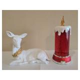 White Ceramic Deer & Lighted Christmas Candle Set