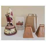 Santa Figurine Bells & Christmas Candle Holder Set
