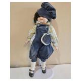 Porcelain Country Doll in Denim Overalls & Hat