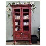 Distressed Red Display Cabinet with Glass Doors ï¿½