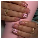 Press on Nails Short Square Fake Nails with 3D Bow