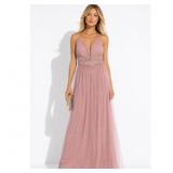 Women's Dusty Rose Tulle Maxi Dress Beaded Waist