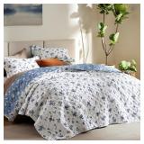 King Floral Quilt King Size - Reversible Blue &
