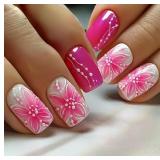 24Pcs Pink Red Flower Press on Nails Short Medium