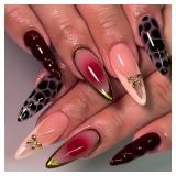 3D Almond Press on Nails Long Gold Curve Line Fake