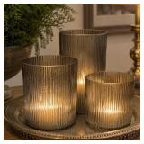 Modern Smoky Gray Ribbed Glass Cylinder Vases -