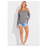 Women's Gray Cold Shoulder Studded Long Sleeve Top