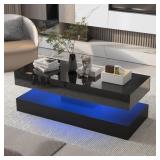 47.3' Large Black LED Coffee Table with 2 Storage