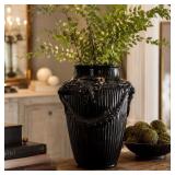 Large Glossy Black Ceramic Ribbed Vase