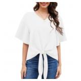 Womens Tie Front Blouses V Neck Short Sleeve Chiff