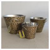 3 Leopard Print Metal Ice Buckets / Planter Tins