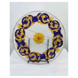 Decorative Glass Plate Blue Gold Scroll