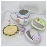 Easter Decor Lot - Bunny Dish, Pitcher, Egg Trinke