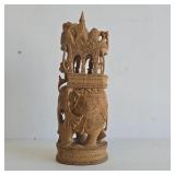Hand-Carved Wooden Elephant & Temple Sculpture