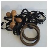 Gymnastic Rings & Pair of Antique Wooden Dumbbells