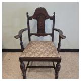 Antique Carved Wood Armchair with Upholstered Seat