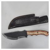 Damascus Hunting Knife w/ Sawback & Leather Sheath