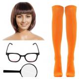 Halloween Women Costume Set Brown Bob Wig, Orange