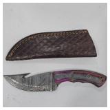Damascus Gut Hook Hunting Knife w/ Leather Sheath
