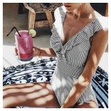 Small Ruffle Stripe Ruffle One Piece Swimsuit for