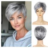 Gray Hair Topper with Clip in Bangs for Thin