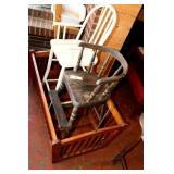 VINTAGE WOOD CRADLE AND 2 WOOD CHAIRS