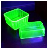 2 VINTAGE URANIUM GLASS REFRIGERATOR DISHES