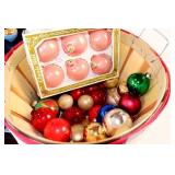 BUSHEL BASKET WITH VINTAGE GLASS ORNAMENTS