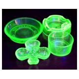 4 PC VINTAGE DEPRESSION GREEN URANIUM GLASS