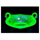 Vintage Fenton Uranium Glass Swan Handled Bowl